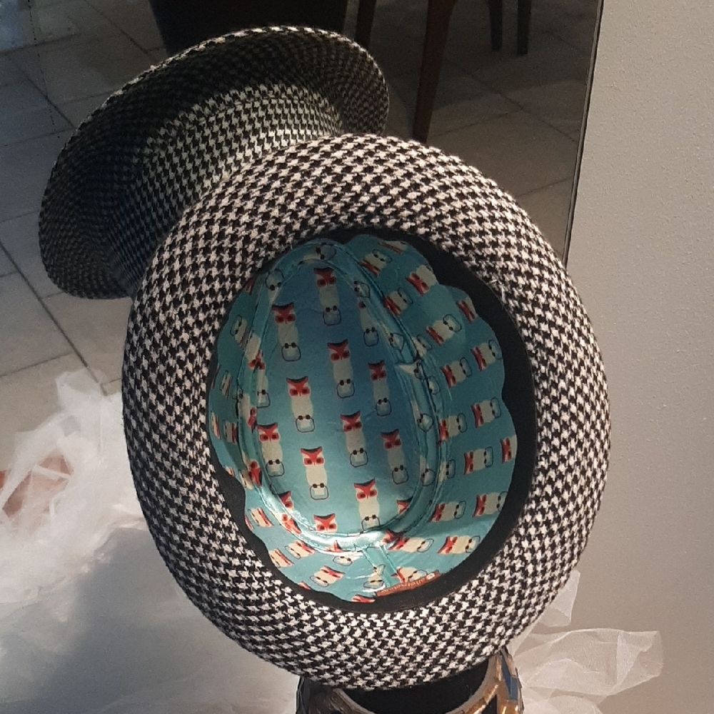 ALTERNATIVE🖤Black and White Houndstooth WOOL FEDORA Hat🤍COOL🦉INSIDE FABRIC - Picture 2 of 11